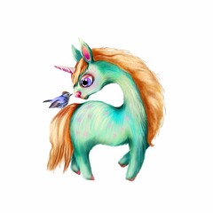 Cute colorful unicorn and a blue bird isolated on white background 
