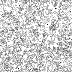 Naklejka premium Wonderland seamless pattern. Cartoon doodles hand drawn line art detailed, with lots of objects background. Flowers, white rabbit, cards, mushroom, keys and clock. Texture for fabric, decorative print