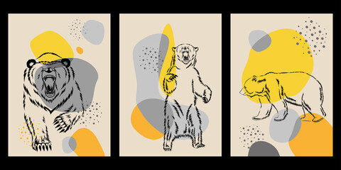 Graphic images of bears on an abstract background. Contemporary art for prints and banners, flyers.