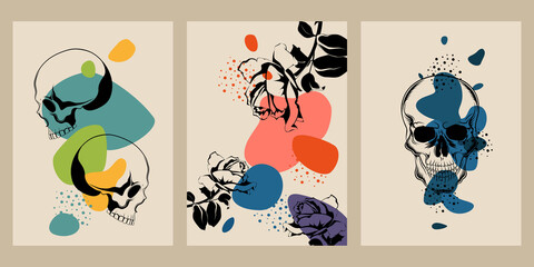 Graphic images of skulls and roses on an abstract background. Contemporary art for prints and banners.
