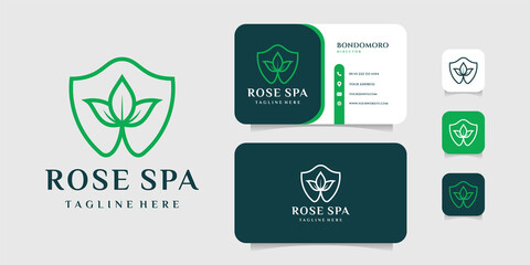 Feminine shield rose flower logo and business card vector design inspiration. Logo can be used for icon, brand, identity, spa, decoration, beauty, cosmetic, and business company