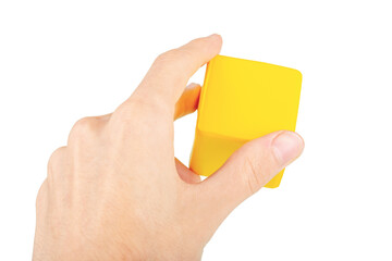 Hand holding a yellow cube, man gripping, reaching and grabbing a floating part, node, catching a hovering cube gesture isolated on white, cut out. Technology, user ui interaction abstract concept