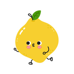 Cute funny lemon jogging. Vector flat line cartoon kawaii character illustration icon. Isolated on white background. Lemon workout character concept