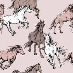 Seamless wallpaper pattern. The running beautiful horses on a dusty rose background. Textile composition, hand drawn style print. Vector illustration.