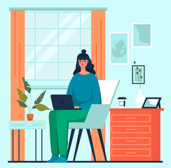 Fototapeta premium Woman in the armchair with laptop. Flat design illustration. Vector