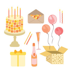 Vector illustration set of festive birthday elements, isolated on white background