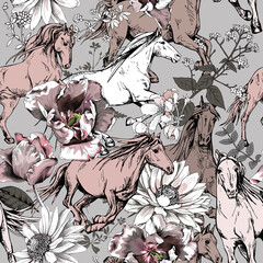 Seamless wallpaper floral pattern. The running beautiful horses and flowers. Textile composition, hand drawn style print. Vector illustration.