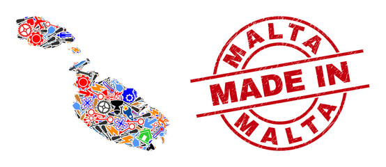 Industrial mosaic Malta map and MADE IN distress stamp seal. Malta map composition formed with wrenches, cogs, screwdrivers, elements, vehicles, power sparks, details.