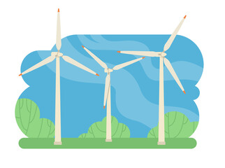 Windmills in fields. Flat design illustration. Vector