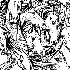 Seamless wallpaper pattern. The beautiful white horses portrait. Textile composition, hand drawn style print. Vector illustration.