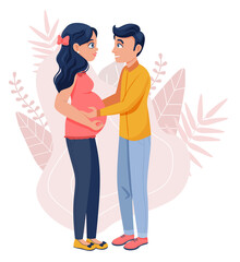Man embracing a pregnant woman. Flat design illustration. Vector