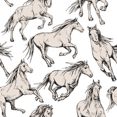Seamless wallpaper pattern. The running beautiful beige horses on a white background. Textile composition, hand drawn style print. Vector illustration.
