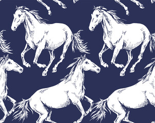 Seamless wallpaper pattern. The running beautiful white horses on a dark blue background. Textile composition, hand drawn style print. Vector illustration.