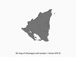 3D map of Nicaragua with borders isolated on transparent background, vector eps illustration