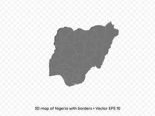 3D map of Nigeria with borders isolated on transparent background, vector eps illustration