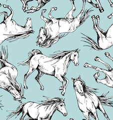 Seamless wallpaper pattern. The running beautiful white horses on a blue background. Textile composition, hand drawn style print. Vector illustration.
