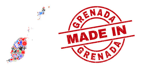 Science mosaic Grenada map and MADE IN grunge stamp seal. Grenada map mosaic created with wrenches, cogs, screwdrivers, elements, transports, power bolts, details.