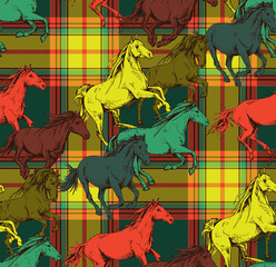 Seamless wallpaper pattern. The bright running beautiful horses on a checkered background. Textile composition, hand drawn style print. Vector illustration.