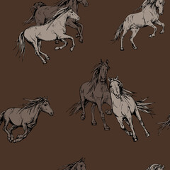 Seamless wallpaper pattern. The running beautiful horses on a brown background. Textile composition, hand drawn style print. Vector illustration.
