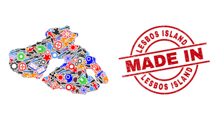 Education Lesbos Island map mosaic and MADE IN distress stamp seal. Lesbos Island map abstraction designed with spanners, cogs, tools, aviation symbols, vehicles, electricity sparks, details.