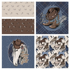 Set of print and seamless wallpaper patterns. Portrait of a Horse in a cowgirl hat, boots and running horses. T-shirt composition, hand drawn vector illustration.