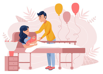 Woman with newborn baby in hospital. Flat design illustration. Vector