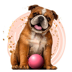 Bulldog with the ball. Wall sticker. Color, graphic portrait of an English bulldog in watercolor style on a white background. Separate layers. Digital vector graphics.