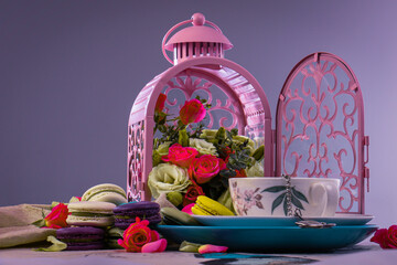 morning coffee, still life with flowers and candles