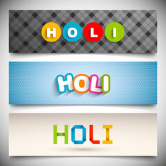 Website banner set of Holi Festival with colorful intricate calligraphy vector.