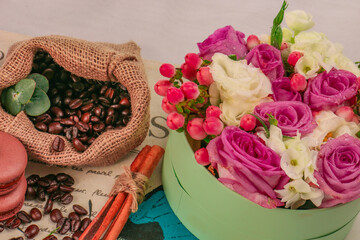 coffee beans and rose petals