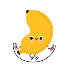 Cute funny banana make gym with jump rope. Vector flat cartoon kawaii character illustration icon. Isolated on white background. Banana fruit workout character concept