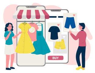 Online shopping, man and woman choosing clothes. Flat design illustration. Vector