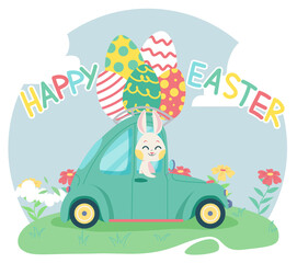 Fototapeta premium Rabbit in the car with eggs. Flat design illustration. Vector