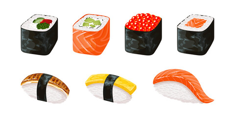 Sushi pieces collection. Fresh maki rolls pieces with rice and nori. Realistic sushi set.