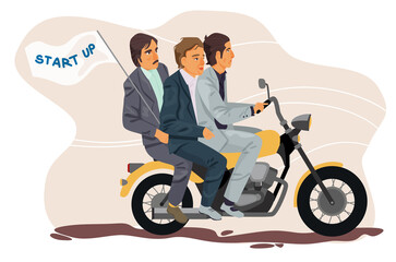 Young man on bikes with start up flat. Flat design illustration. Vector