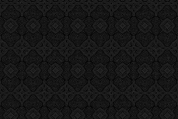Obraz na płótnie Canvas Geometric exotic convex volumetric 3D ornament from a relief ethnic texture. A unique black background from figures in the style of doodling.