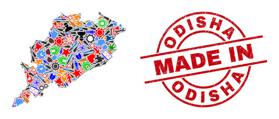 Science Odisha State map mosaic and MADE IN grunge rubber stamp. Odisha State map mosaic composed with spanners, gear wheels, screwdrivers, components, cars, electric strikes, rockets.