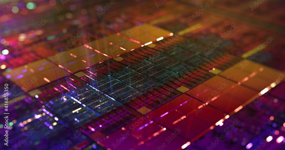 Poster processors reflective cpu concept. silicon wafer digital chip. abstract motion graphic of computer c