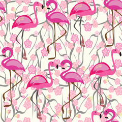 background with flamingo and cherry blossom flowers and branches