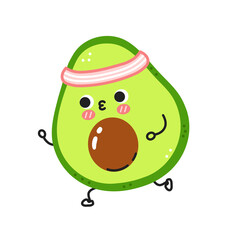 Cute funny avocado jogging. Vector flat line cartoon kawaii character illustration icon. Isolated on white background. Avocado workout character concept