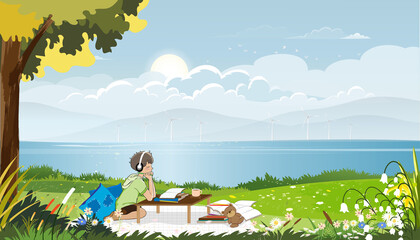Obraz na płótnie Canvas Kid wearing headphones listening to music while doing school homework.Vector illustration cartoon Child boy sitting in green field by the lake in sunny day on spring or summer,World book day