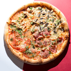 Whole meat pizza on a colored background. Concept for a pizzeria