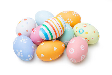 Colorful handmade easter eggs on white background