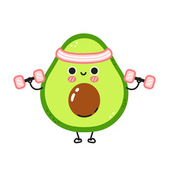 Cute funny avocado make gym with dumbbells. Vector flat line cartoon kawaii character illustration icon. Isolated on white background. Avocado workout character concept