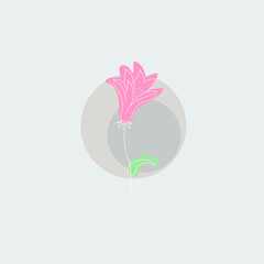 Pink lily, garden flower. Hand drawn plant branches. Greenery design elements.