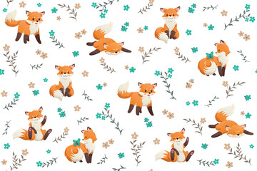 Seamless pattern with a little fox, butterfly and flowers. Wrapping paper pattern. Background with vector cartoon elements.