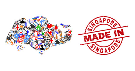 Component Singapore map mosaic and MADE IN grunge rubber stamp. Singapore map mosaic created with spanners, wheels, instruments, aircrafts, cars, power strikes, rockets.