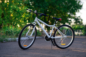 Fototapeta na wymiar sports bike with 16 speeds without logos on a background of green trees