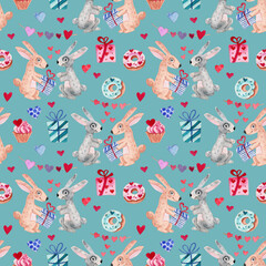 Seamless watercolor pattern for Valentine Day. Watercolor cute hares with gifts, donuts, cupcakes and hearts 