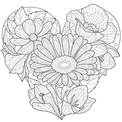 Heart shaped flowers.Coloring book antistress for children and adults. Illustration isolated on white background.Zen-tangle style. Hand draw